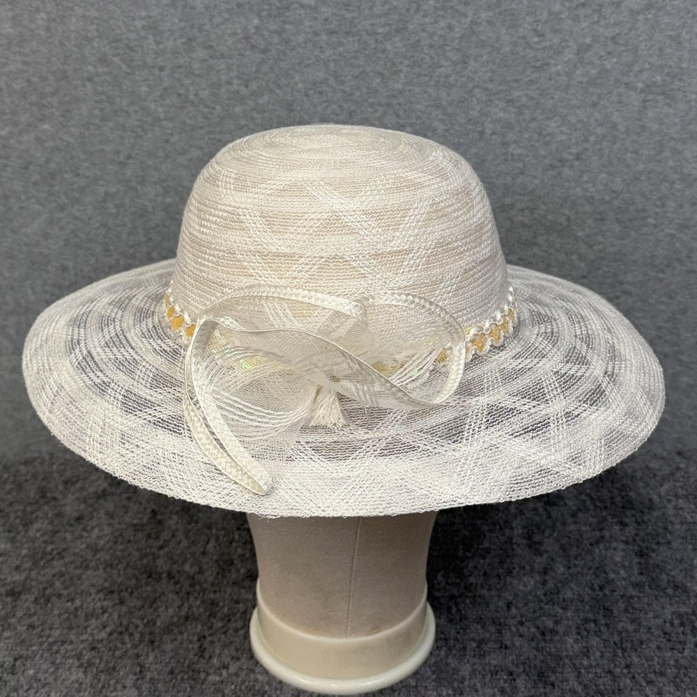 Kentucky Derby Hat Sun Womens 7 1/2 White Straw Mesh Wide Brim Bow Sequin Church